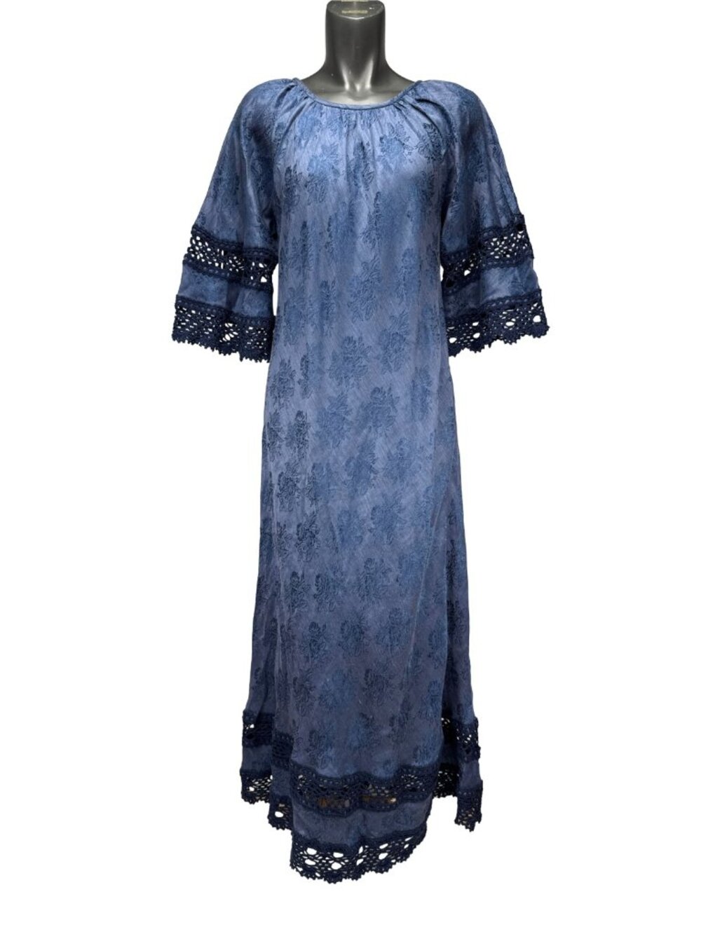 MAPMA Cottagecore Crochet Jacquard Floral Bell‎ Sleeve Blue Maxi Day Dress M